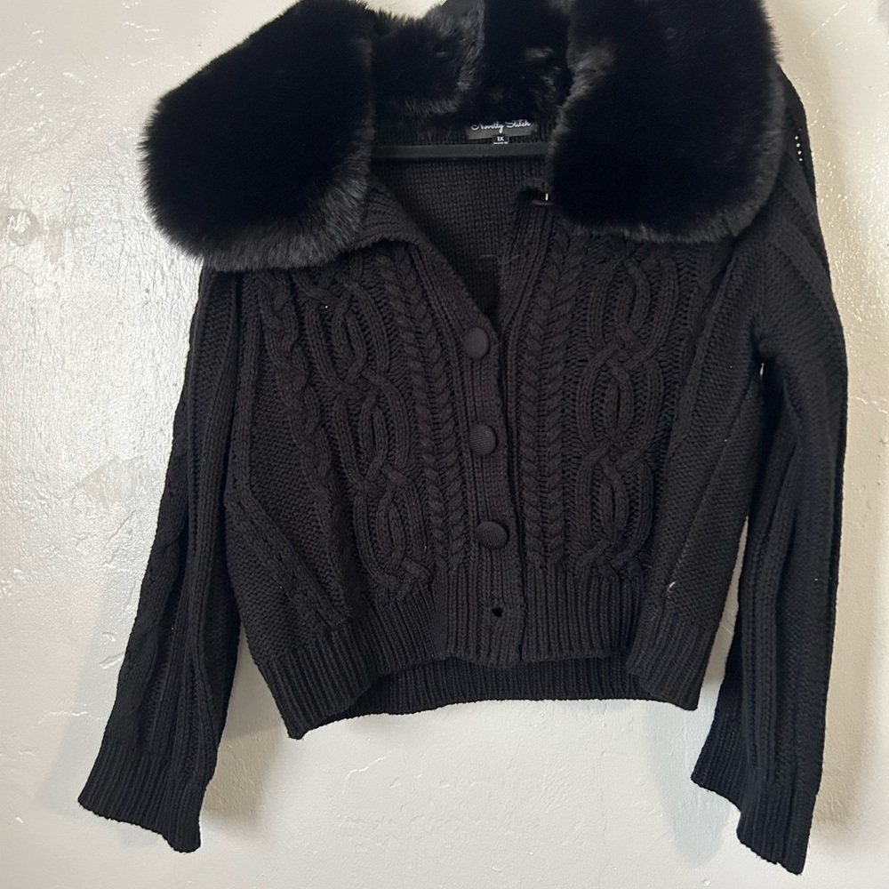 Women's Black Cable Knit Sweater with Faux Fur Collar
